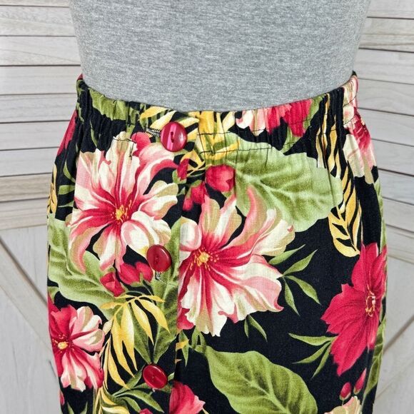 Haggar Vintage Linen Tropical Flower Print Button Front Maxi Skirt Black Pink 8 - Picture 5 of 11